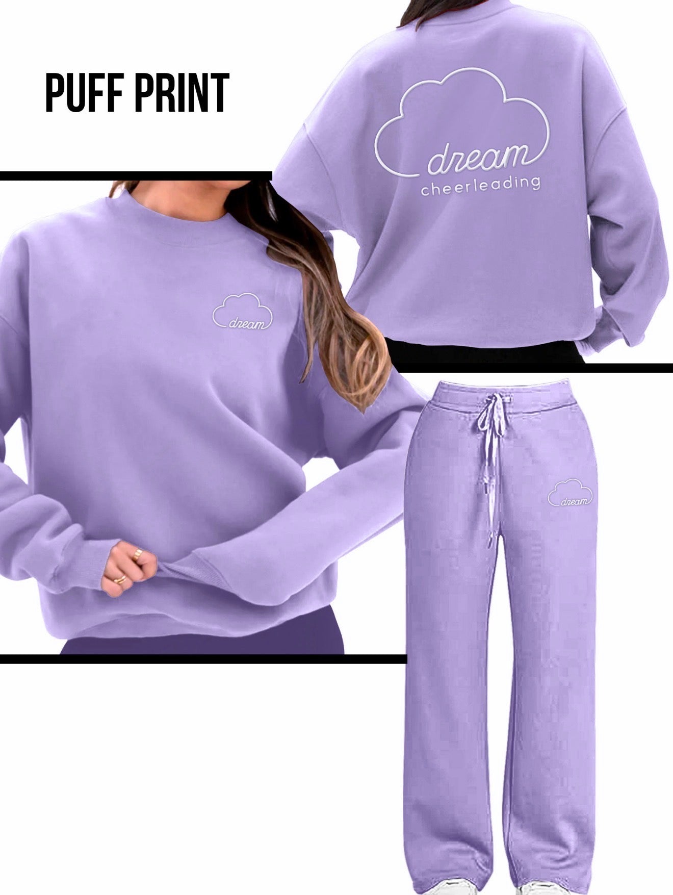 Dream Cheerleading PUFF Lavender Crewneck & Jogger Set